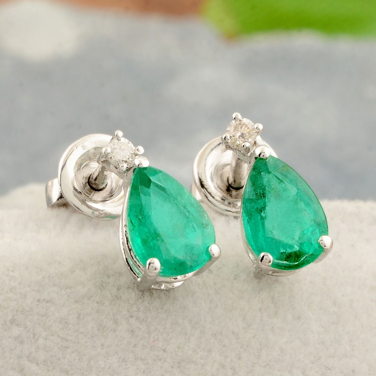 Zambian Emerald Gemstone 1.29 TCW 10k White Gold Stud Earring |Diamond Stud Earrings | Minimalist Stud Earring s|Jewelry For Women