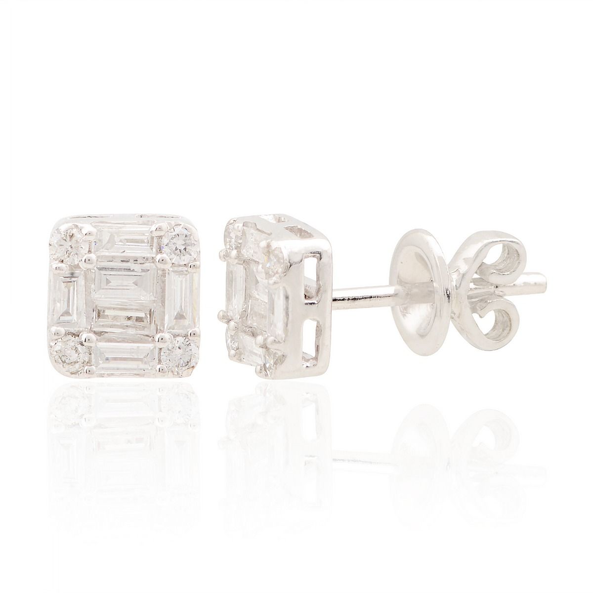 Square Stud Earrings For Women In 10k Solid White Gold 0.37 TCW SI Clarity HI Color Baguette Diamond Jewelry For Women