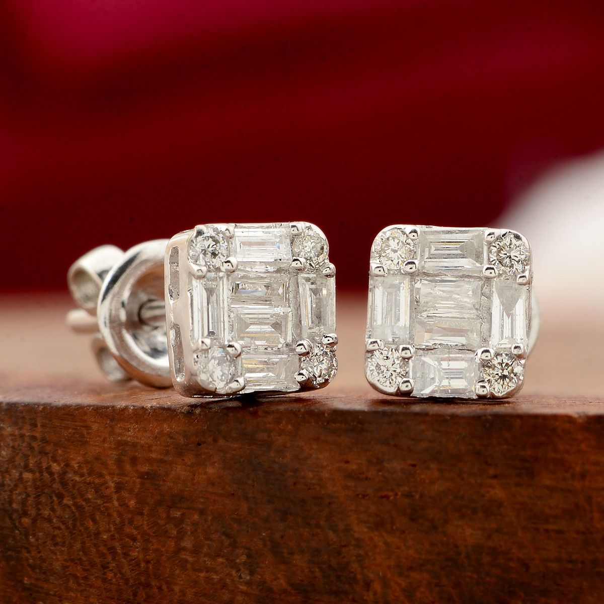 Square Stud Earrings For Women In 10k Solid White Gold 0.37 TCW SI Clarity HI Color Baguette Diamond Jewelry For Women