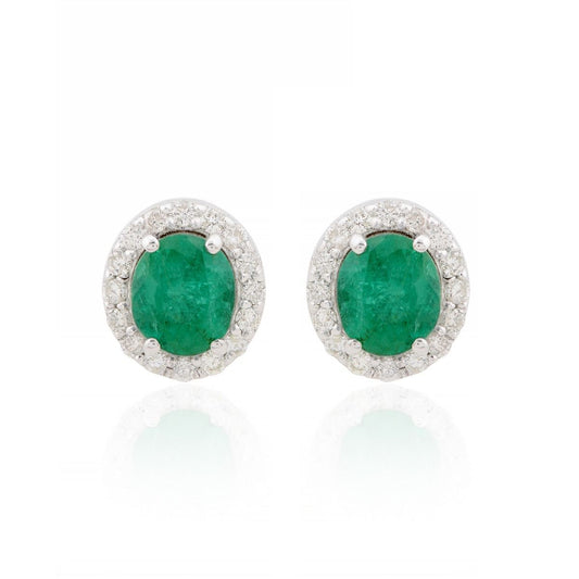 Elegant Round Stud Earrings In 10k Solid White Gold 1.56 TCW SI Clarity HI Color Diamond Zambian Emerald Gemstone Jewelry For Women