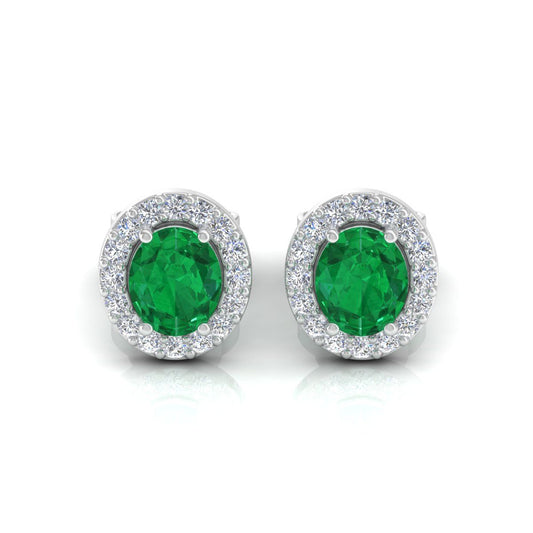 Zambian Emerald Gemstone Small Stud Earring 1.37 TCW SI Clarity HI Color Diamond In 10k White Gold |Jewelry For Women | Gift For Her