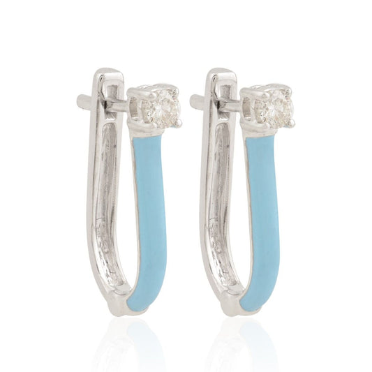 0.16 TCW SI Clarity HI Color Diamond Blue Enamel Hoop Earrings |Diamond Hoop |Enamel Earrings |Jewelry For Women