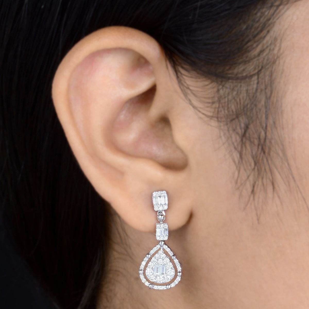 1.20 Ct. SI Clarity HI Color Diamond Baguette & Tear Drop Shaped Dangle Earrings |10k White Gold Dangles |Jewelry For Women | Trendy Dangle Earrings For girls
