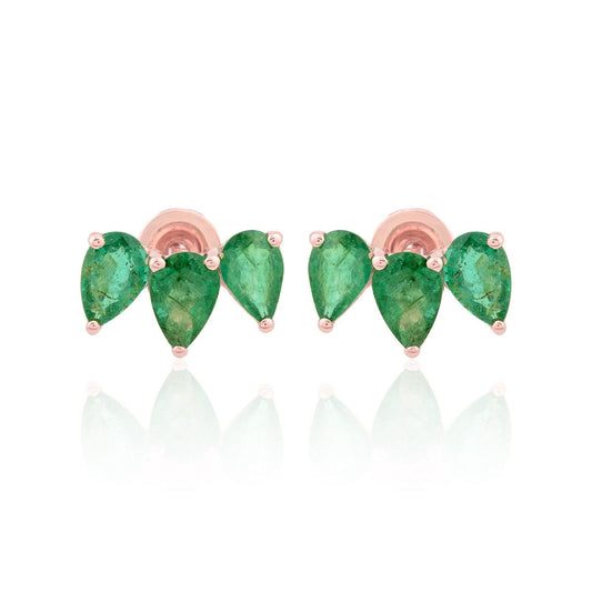 2.34 TCW SI Clarity HI Color Diamond Three Pear Shape Zambian Emerald Gemstone Stud Earrings |Jewelry For Women |Gift For Her