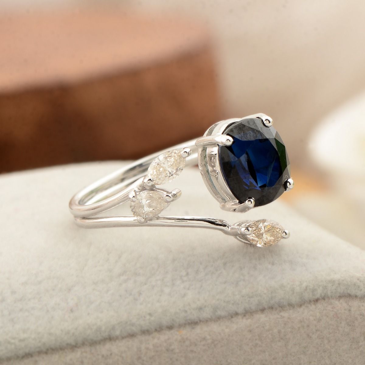 10k White Gold Blue Sapphire Ring In 2.16 TCW SI Clarity HI Color Diamond|Cuff Ring |Diamond Ring |Jewelry For Women |Anniversary Gift For Her