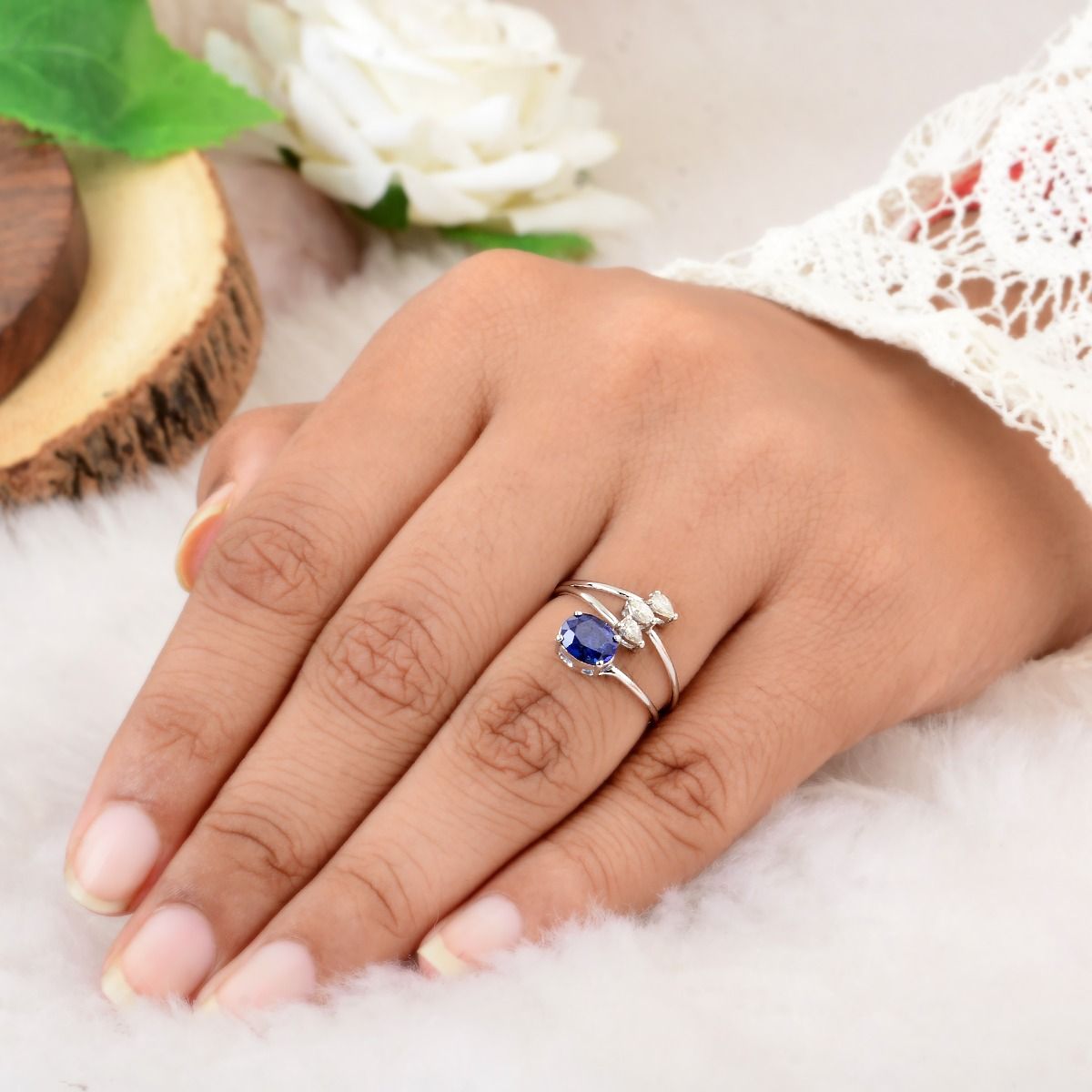 10k White Gold 0.19 TCW SI Clarity HI Color Diamond & Blue Sapphire Ring |Birthstone Ring |Cuff Ring |Anniversary Gift |Jewelry For Women